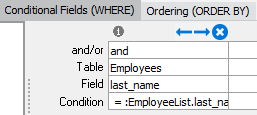 This image shows all of the fields entered under the WHERE tab.  It includes the employee last name from the database and the and the employee last name entered as a search parameter on the DataBlock form.